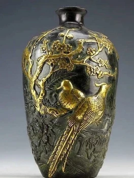 Бронзовые статуэтки из китайской винтажной коллекции, Позолоченная ваза для цветов и птиц, 20 см