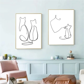 Абстрактный плакат с изображением кошки на стене, мастер и домашнее животное, холст, живопись, рисование линий животных, Художественная печать, современные картины, декор для дома в гостиной