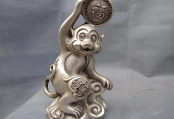 21 см Китайская народная Белая медно-серебряная монета Фэншуй на удачу, статуэтка обезьяны Зодиака