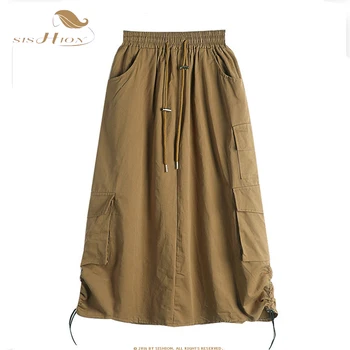 Женская юбка цвета хаки с высокой эластичной резинкой на талии, 2023 Летние длинные юбки миди, повседневные готические уличные женские юбки SR958