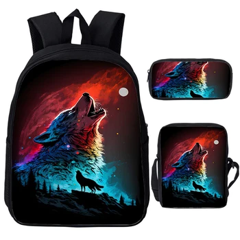 Рюкзак Wolf, комплект из 3 предметов, школьная сумка с фантазийными волшебными животными, рюкзак Galaxy Wildlife, сумки для студенческих книг, пенал, сумка для ланча