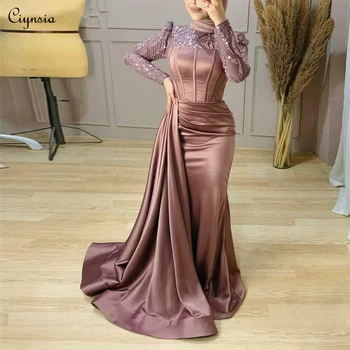 Винтажное вечернее платье Ciynsia с длинными рукавами, атлас, расшитый бисером, Элегантный арабский хиджаб, платья для официальных мероприятий, вечерние халаты