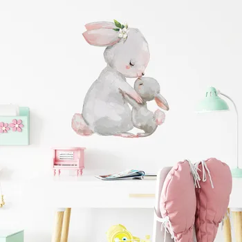 Наклейки на стену с акварельными кроликами для украшения спальни в комнате для маленьких девочек, наклейки на стены для мамы и кролика, наклейки на стены в детской комнате