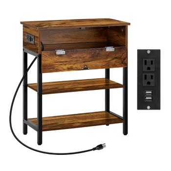 Узкий столик с зарядной станцией, приставной столик для дивана с полкой для хранения, розетками и USB-портами, маленький столик-тумбочка