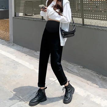 Корейский стиль, повседневные свободные брюки для беременных с высокой талией, модные джинсовые брюки, Винтажные джинсы для беременных, черные, темно-серые