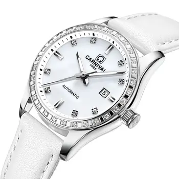 Новые швейцарские женские механические часы марки CarnivalLuxury, водонепроницаемые кожаные часы с автоматической датой С бриллиантами, C8685L-10