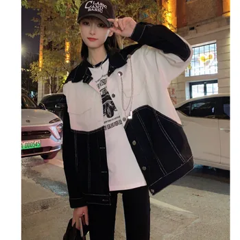 Джинсовая куртка Женская Осенняя Новая уличная одежда в корейском стиле Y2K INS Модные контрастные цвета Универсальное свободное повседневное ковбойское пальто