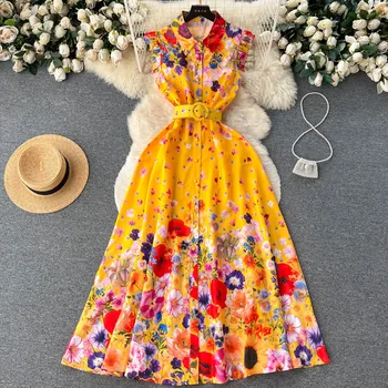 2023 Осеннее Праздничное платье Макси с цветами, Модное Подиумное Женское Однобортное платье с желтым цветочным принтом, оборками на рукавах, поясом, Длинное платье