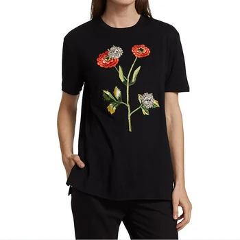 Стереоскопическая цветочная вышивка стразами, свободные универсальные топы y2k, модная повседневная футболка с круглым вырезом и коротким рукавом