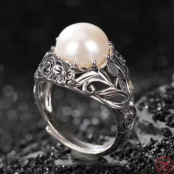 Оригинальные кольца из стерлингового серебра S925 пробы для женщин, Новое модное круглое кольцо с пресноводным жемчугом, Выдолбленное кольцо с Вечной Виноградной лозой, Регулируемое