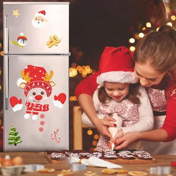 Рождественская мультяшная наклейка на холодильник, Милый Санта-Клаус, Снеговик, снежинка, Стеклянное окно, Самоклеящаяся наклейка, украшение для дома