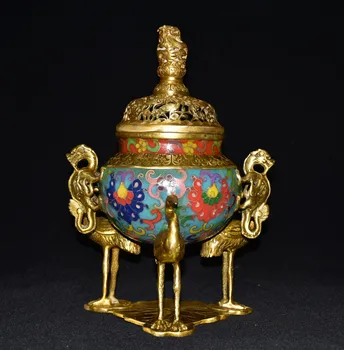 Коллекция Тибетского храма 10 дюймов, старая бронза, перегородчатая эмаль, длинный Гай, курильница для благовоний с тремя журавлями, Собери удачу В таунхаусе