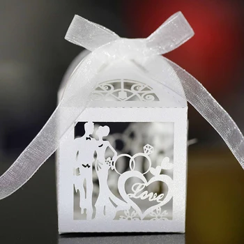 50шт, Вырезанная Лазером Коробка конфет для Жениха и невесты, Бриллиантовое Сердечко, Упаковка для свадебных подарков, Подарочная коробка С лентой, Принадлежности для вечеринок