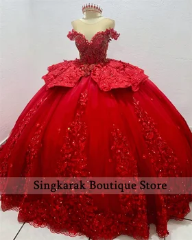 Красные Кристаллы 3D Цветы Пышные Платья Аппликации Бисероплетение Кристаллы Бальное Платье Сладкие 16 Платьев Vestidos De Quinceanera Корсет