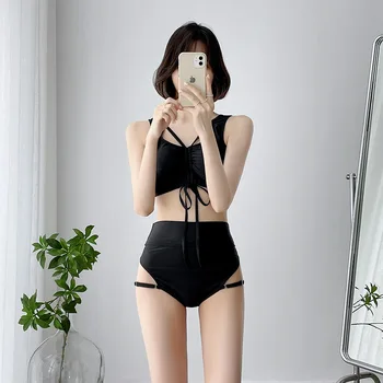 2023 Корейский стиль, комплект бикини с высокой талией, женский купальник из двух частей, кружевной бандаж Пуш-ап, плиссированные купальники, праздничная пляжная одежда