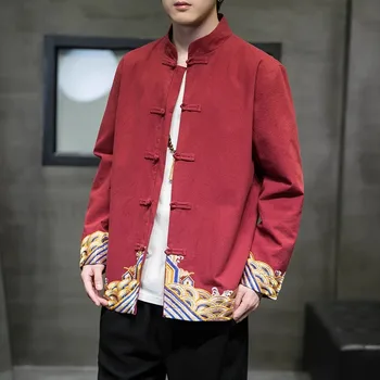 Мужская куртка с вышивкой в китайском стиле, Хлопчатобумажный льняной костюм Tang 2023 года, китайская туника с дисковой пуговицей, топы, мужская одежда