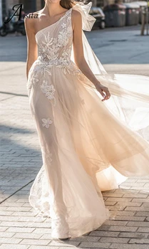 Свадебное платье трапециевидной формы без бретелек в стиле Бохо, кружевное свадебное платье без рукавов на одно плечо, открытая спина, Шампанское Vestidos De Novia