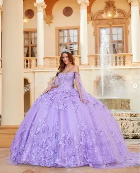 Пышные платья лавандовой принцессы с открытыми плечами и цветочной аппликацией в виде бабочки Sweet 15 vestidos de quinceañera lila