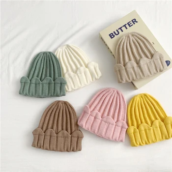 Милая кружевная вязаная шапка для маленьких девочек, однотонная осенне-зимняя теплая шапка, шерстяной пуловер для мальчиков и девочек, детская шапочка-капор, головной убор