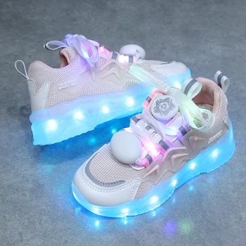 Детские светящиеся кроссовки с вращающейся кнопкой, светящиеся кроссовки для мужчин и девочек, Разноцветная подошва, перезаряжаемая через USB, Модная дышащая ткань
