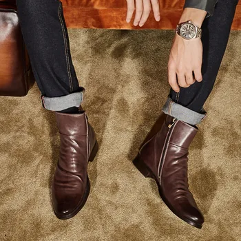 Мужские кожаные ботинки на боковой молнии, ботинки для верховой езды большого размера, мужская рабочая обувь с высоким берцем, повседневные ботильоны в британском стиле, мужская обувь