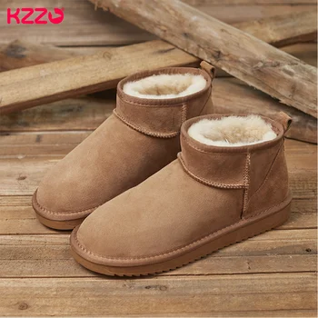 KZZO Модные мужские мини-зимние ботинки из овечьей кожи, ботильоны, повседневная теплая обувь с меховой подкладкой из натуральной овечьей шерсти, нескользящая подошва