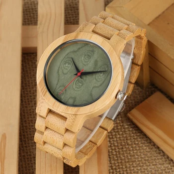 Корпус часов из натурального бамбука, мужские кварцевые наручные часы, циферблат с зеленым / мраморным рисунком, складная застежка, ремешок из цельного дерева, мужские часы