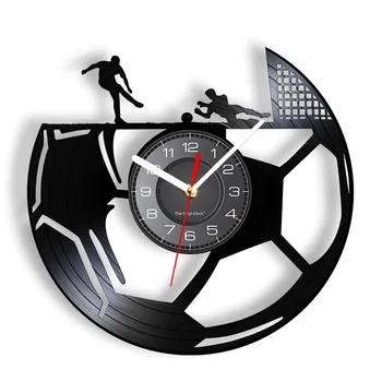Настенные часы с футбольной виниловой пластинкой для спальни Часы для домашнего декора Нападающий и вратарь Музыкальный альбом, вырезанный лазером, Декоративные настенные часы