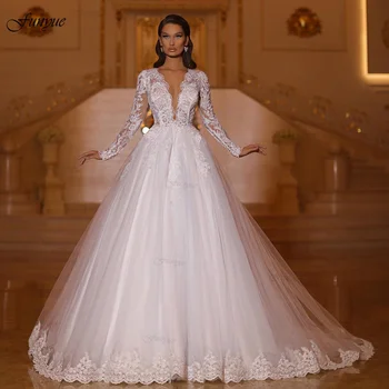 Robe De Soiree Dubai Luxe Сексуальное бальное платье с V-образным вырезом, свадебные платья для невесты, длинные рукава, кружевные аппликации, Тюлевое Белое свадебное платье