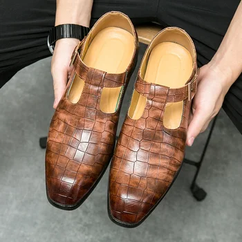 Модные повседневные кожаные полые дышащие туфли с пряжкой для мужчин, дизайнерские сандалии, Свадебное платье, Официальная обувь на плоской подошве.