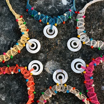 Инновационное ожерелье с подвеской из натуральной раковины, Женское богемное колье ручной работы, воротник из хлопчатобумажных ниток и бисера в этническом стиле
