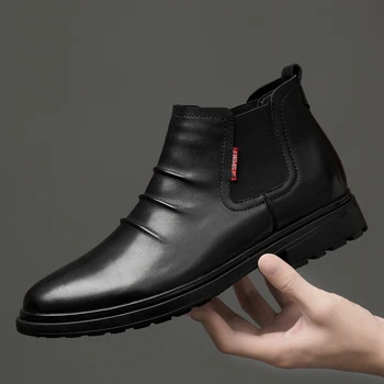 Мужская зимняя обувь, черные деловые ботинки из натуральной кожи, теплая плюшевая мужская зимняя обувь на меху, Высококачественные ботинки 