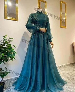 Аппликации из зеленой органзы, вышитые бисером, Мусульманские вечерние платья с длинным рукавом, Исламское вечернее платье, Арабский Дубайский женский Марокканский кафтан