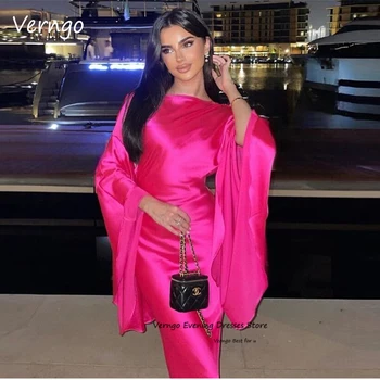 Verngo Простые платья для вечеринок из шелка и атласа цвета Фушии, Саудовская Арабская Леди, платья для вечеринок с длинным рукавом, Вечерние платья для выпускного вечера, Дубай
