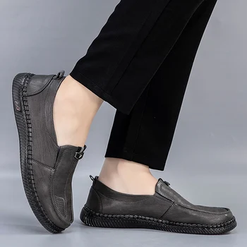 Кожаная мужская повседневная обувь Элитного бренда, Мягкие Мужские Лоферы, Мокасины, Дышащие слипоны, Черные ботинки для вождения,