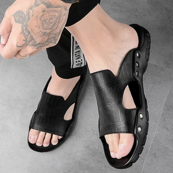Летняя обувь натуральная кожа мужчины сандалии мужские открытый повседневные сандалии из воловьей кожи пляжная обувь двое использует мужские сандалии тапочки