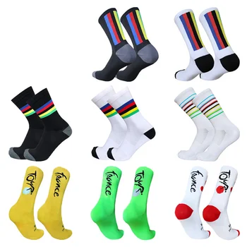 Новые мужские носки Sports Women Cycling Champion 2023, Разноцветные полосы, Дышащие компрессионные велосипедные носки Calcetines Ciclismo