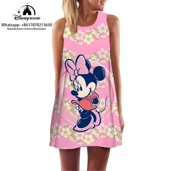 Коллекция летнего пляжного клуба Disney, платье без рукавов с 3D принтом из мультфильма Минни Маус, уличная одежда, женское платье с круглым вырезом в стиле бохо, 2023