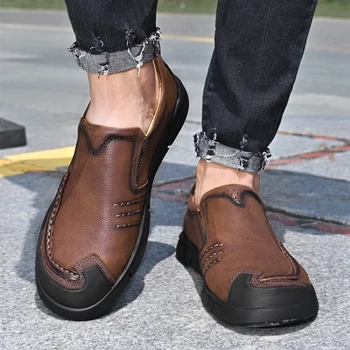 Мужская кожаная обувь в стиле ретро, деловая, повседневная, на мягкой подошве, Легкие нескользящие лоферы, Весна-осень, туфли без каблуков, Zapatos De Hombre