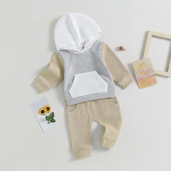 Осенне-зимняя одежда для маленьких мальчиков от 0 до 3 лет, толстовки с капюшоном контрастного цвета с длинными рукавами + длинные брюки, детская одежда