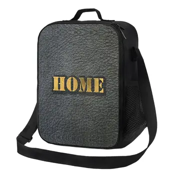 Главная Черная Кожаная сумка с золотыми буквами, изолированная сумка для ланча для работы, школы, винтажных текстур, Портативный кулер, Термальный ланч-бокс для детей