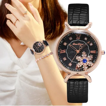 Роскошные модные женские часы с бриллиантами, женские кварцевые кожаные наручные часы с римским мобильным циферблатом в виде снежинки, Женские часы