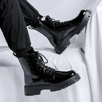Модные ботинки на молнии, Новинка 2023 года, Мужская обувь, Уличные мужские ботинки со средним берцем на толстой подошве, мужские ботинки из лакированной кожи в британском стиле