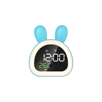 Светодиодный цифровой будильник с кроликом, электронный светодиодный дисплей, управление звуком, симпатичная ночная лампа с отключением звука, Настольные часы -Синий
