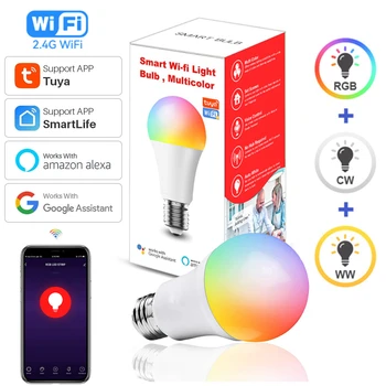 Умная лампа Tuya WiFi E27 со светодиодной подсветкой RGB CW WW Лампа с регулируемой яркостью Музыкальный свет Работа с пультом дистанционного управления Alexa Google Home Smart Life