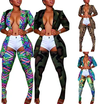 Осенний наряд из 2 предметов с модным принтом, женский блейзер с длинным рукавом и отложным воротником, топ и чулки, брюки, сексуальная клубная одежда для вечеринок
