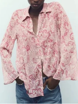 2023 Женская блузка-рубашка, элегантные однобортные шикарные женские рубашки с принтом, женские топы, топ с длинным рукавом, винтажная свободная одежда