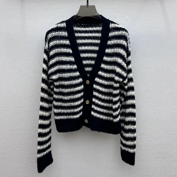 Осенний новый женский свитер-кардиган в черно-белую полоску с V-образным вырезом