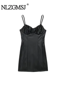 Nlzgmsj TRAF Женское модное мини-платье из искусственной кожи черного цвета на молнии с открытой спиной, винтажные женские платья на тонких бретелях с V-образным вырезом