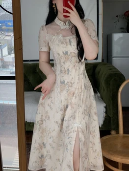 Винтажное Длинное платье Чонсам с цветочным рисунком, женские Повседневные Сказочные платья с разрезом в корейском стиле, Вечерние Элегантные платья для вечеринок для женщин 2023 года.